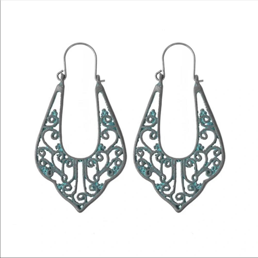Bohemian filagree patina hook dangle earrings